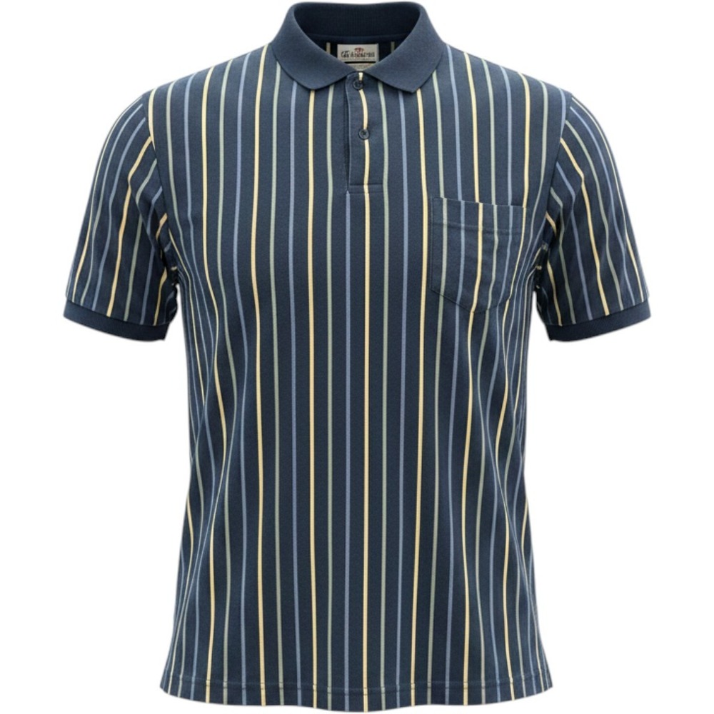Vintage Brittany Bay Mens Large Striped Polo Shirt Navy Blue Yellow Cotton Blend